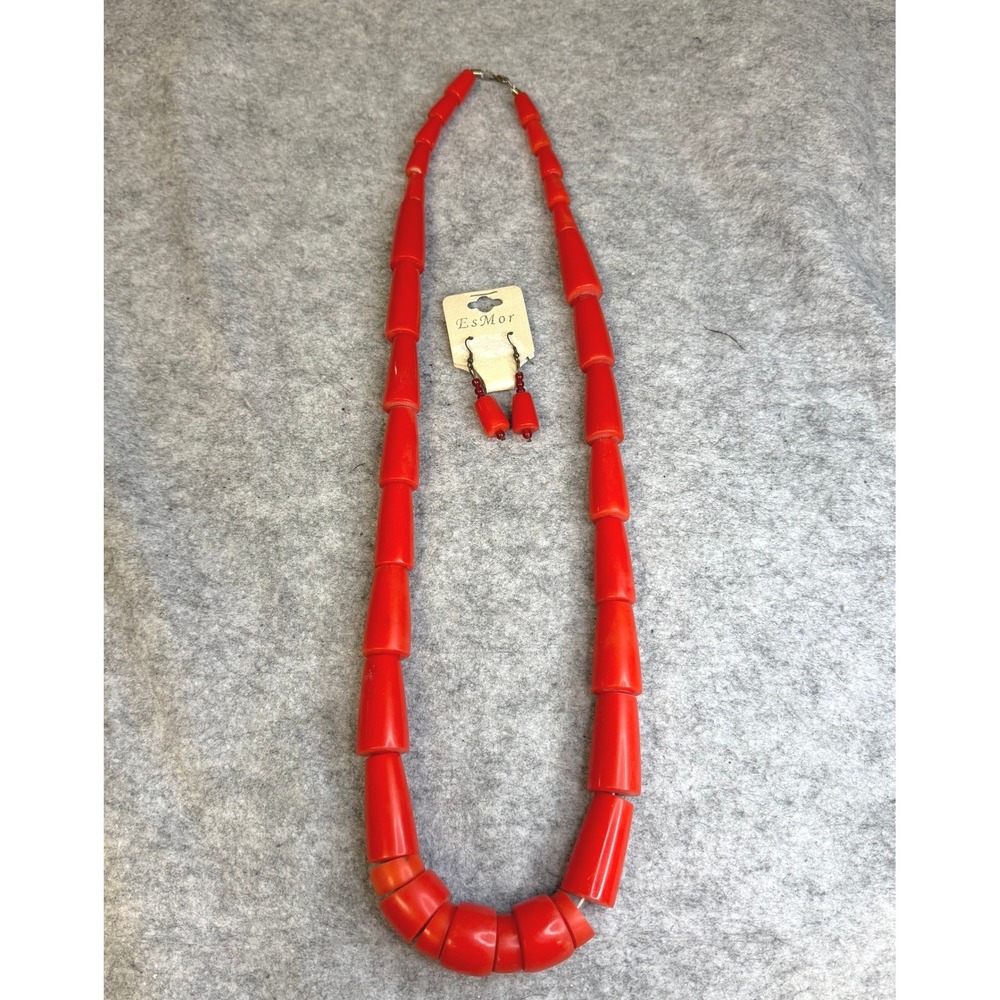 EsMor Red Graduated Tapered Bead Necklace and Earring Set Bold Statement Jewelry